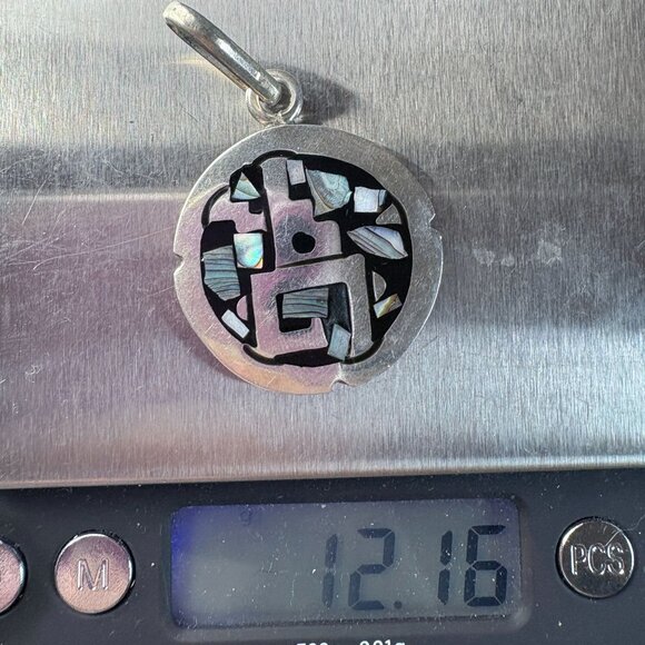 VTG Solid Sterling Silver 925 Abalone Inlay Circle Pendant Size 1.75" Length - Picture 7 of 9